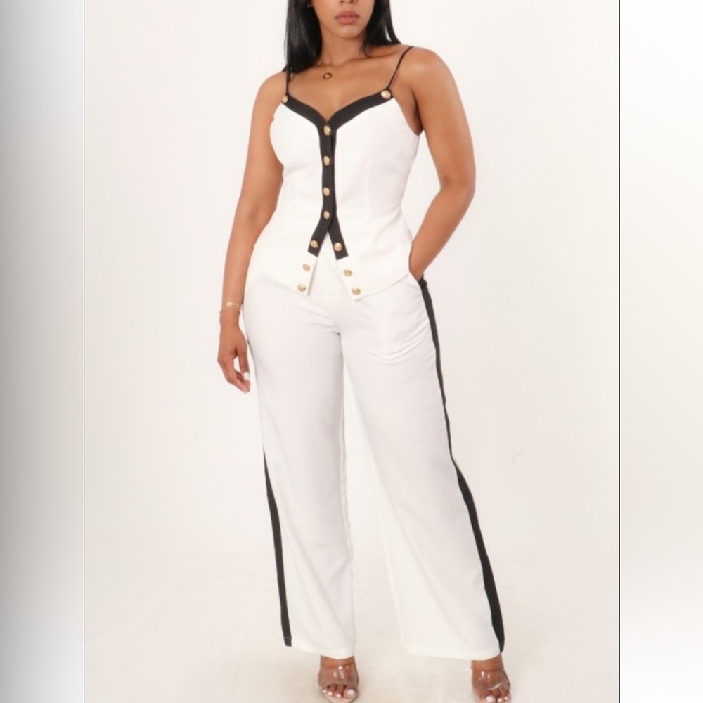 #375 Elegant white with Black stripe and gold button top and pants set